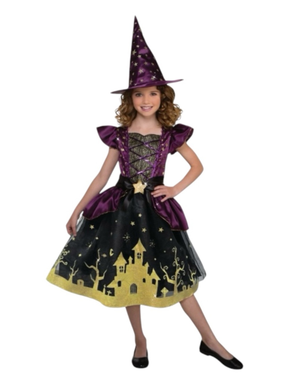 Girls Purple and Black Witch Costume with Gold Castle Accent